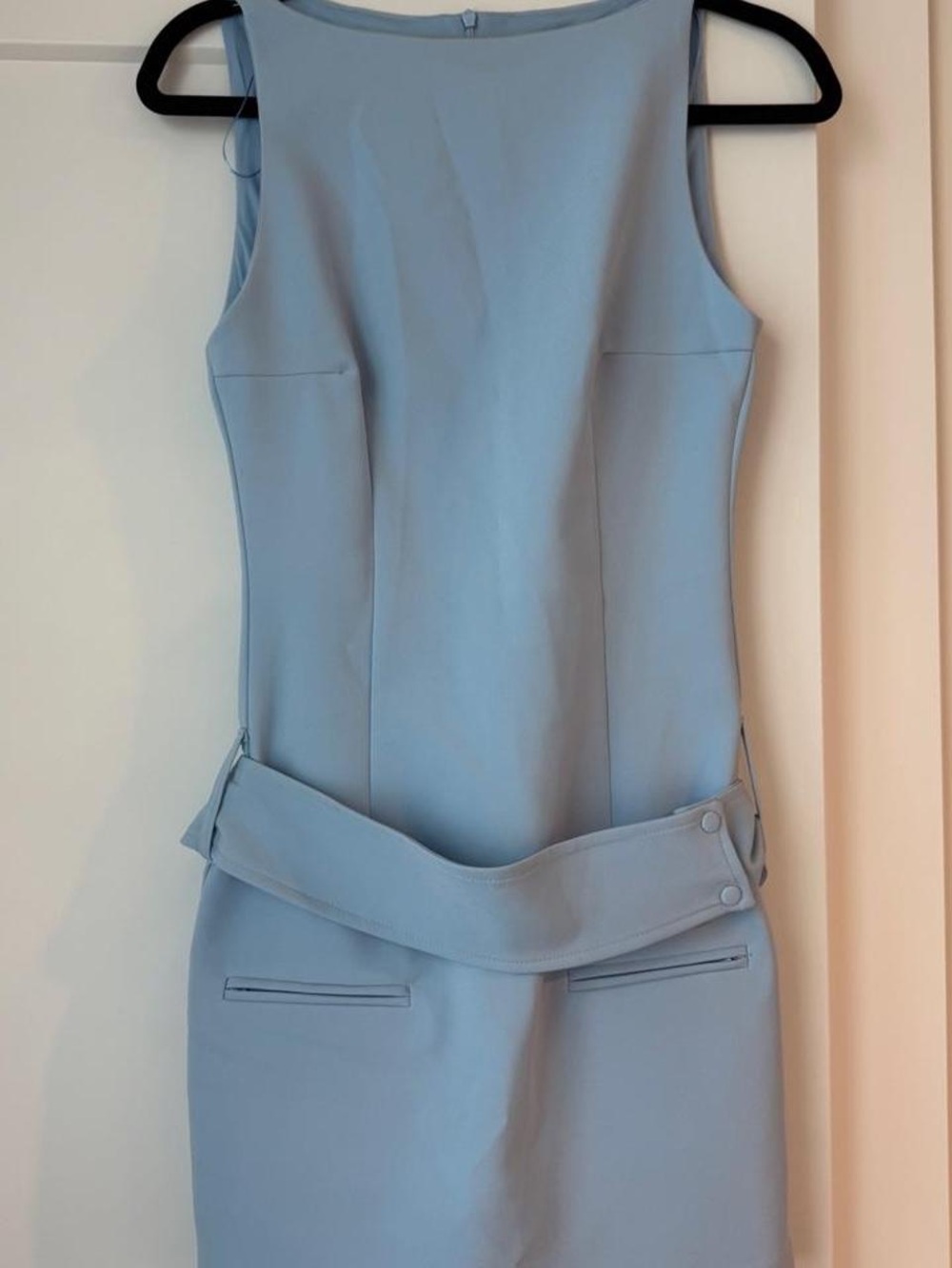 Zara Sleeveless Sheath Dress in Light Blue with Detachable Waist Detail